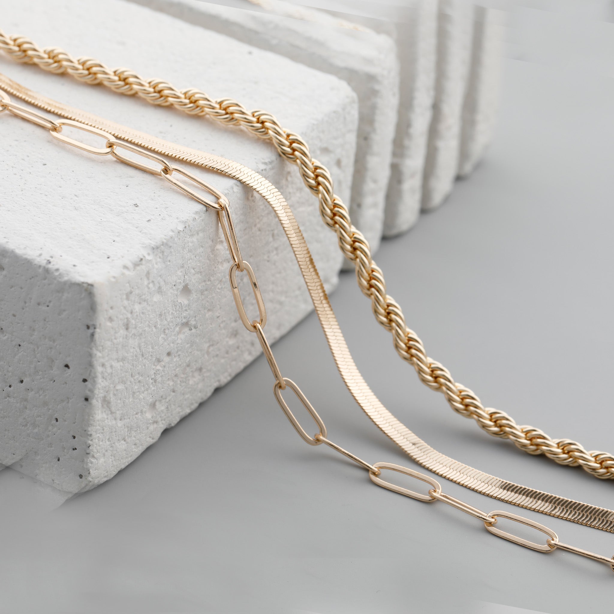 Chunky Gold Layered Necklace Herringbone / Box / Paperclip