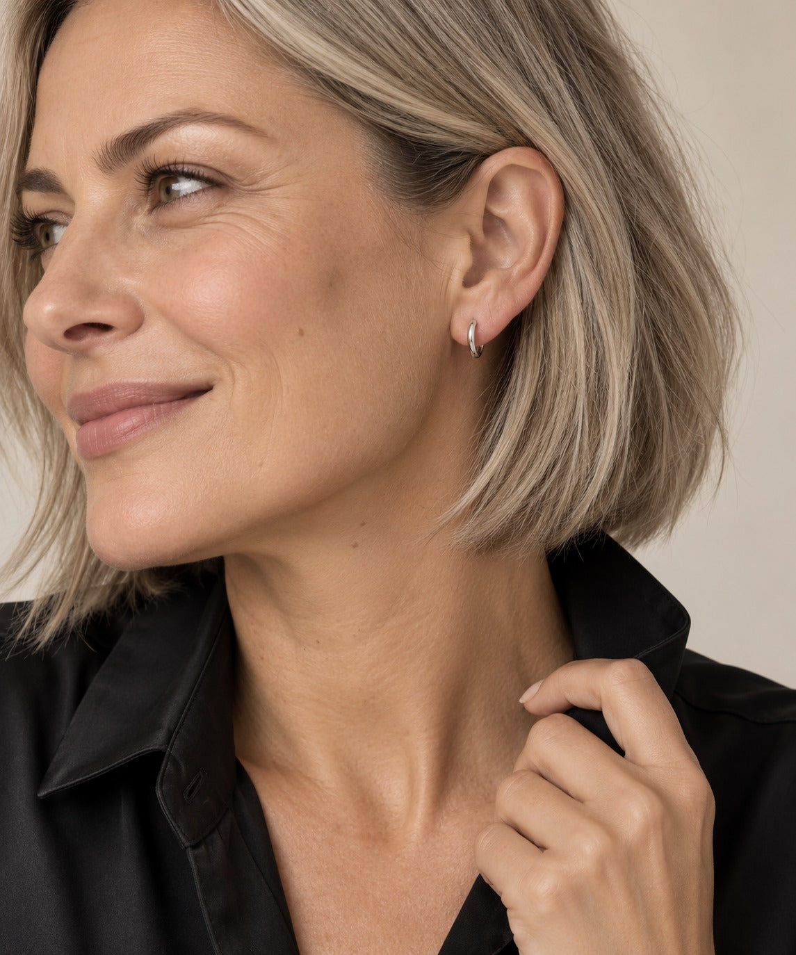 Thick Plain Hoop Earrings on model
