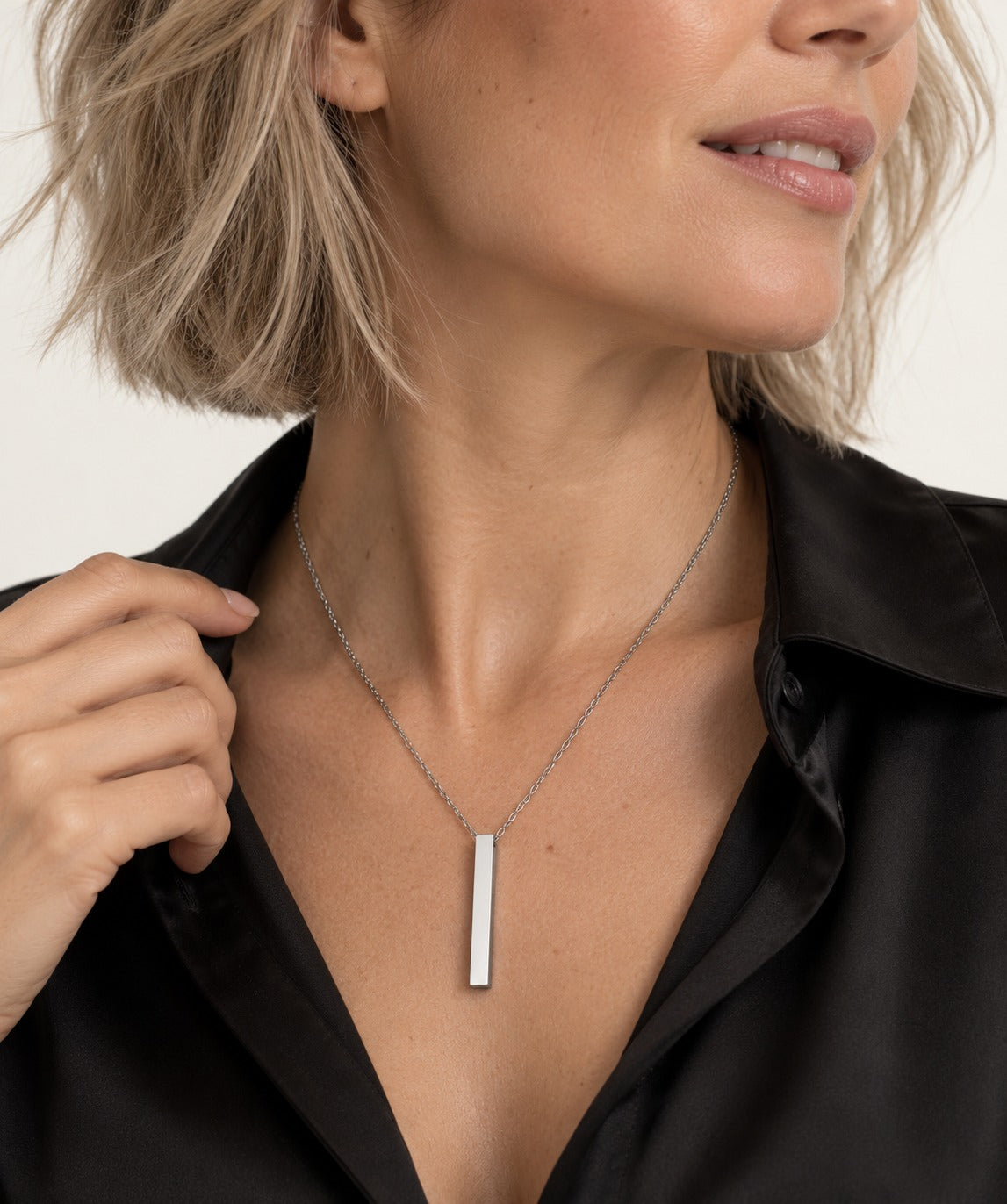 Silver Engraved Vertical Bar Necklace on model