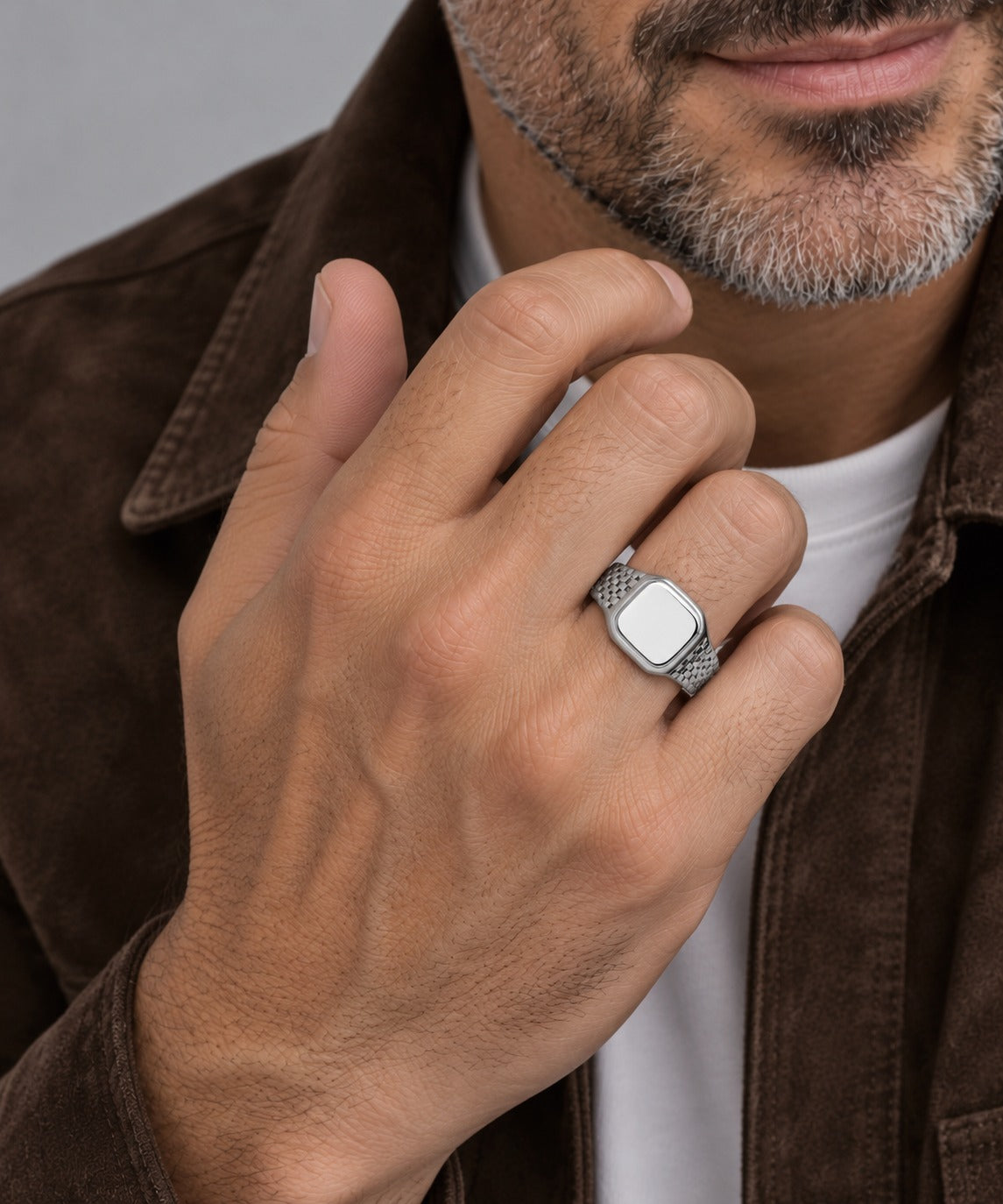 Silver Watch Signet Ring on model